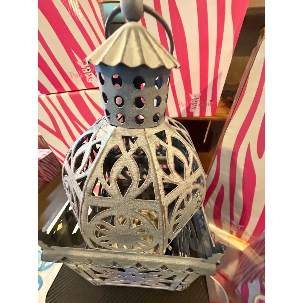 Pink Zebra Simmering Light Lantern Distressed Gray Metal Floral Butterfly 14in